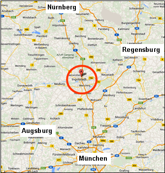 Anfahrtskarte Ingolstadt in Umgebung großer Städte Nürnberg, München, etc.